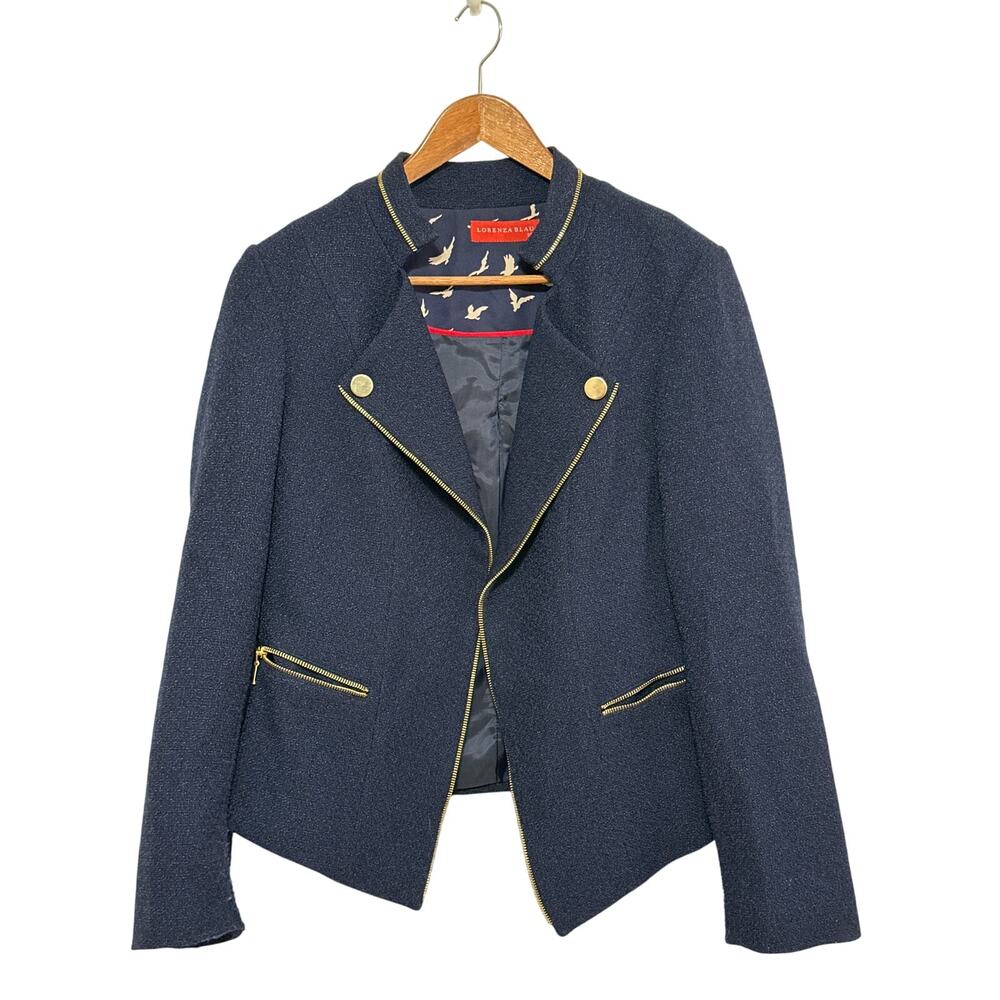 Lorenza Blau Lined Blazer 30 Navy Blue Gold Zip Trim Classic Preppy Coastal